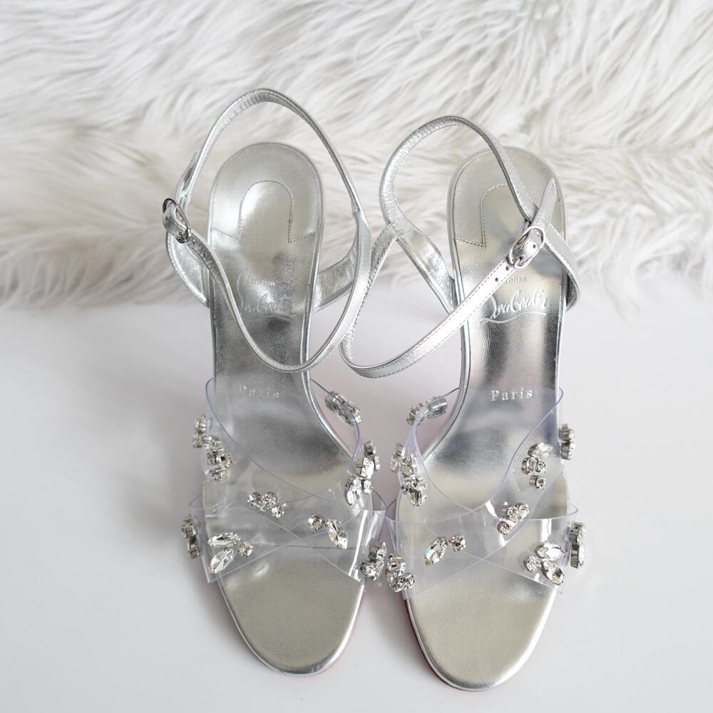 Christian Louboutin Degrasandal Queen 100 Silver Leather PVC Crystal Pumps 40 - Picture 3 of 16